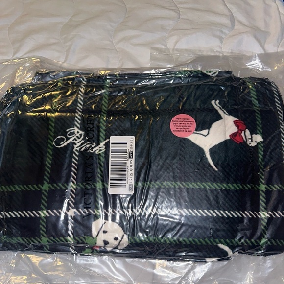 Victoria's Secret Sherpa blanket featuring a pink and green plaid pattern - Picture 2 of 5